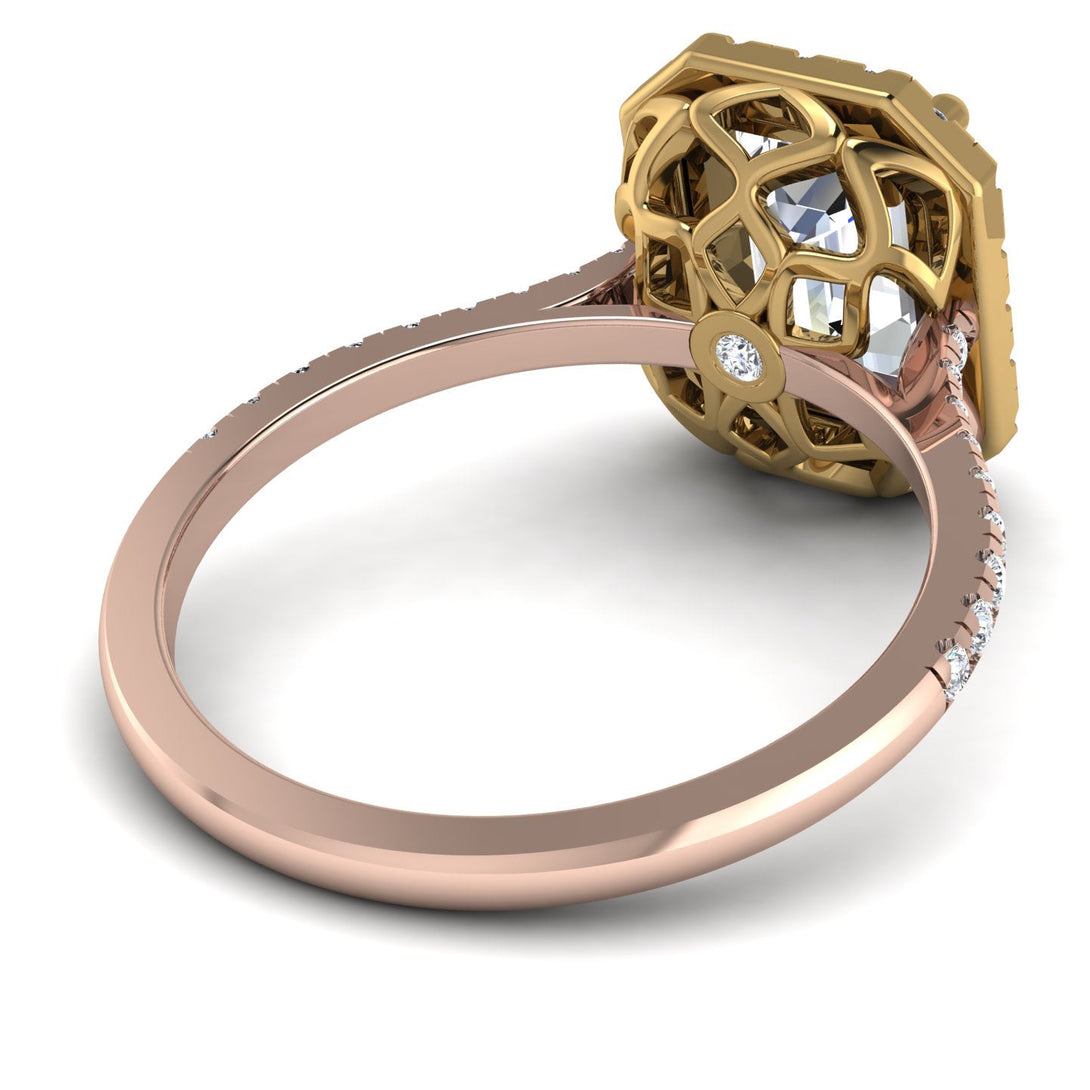 Two Tones Gorgeous Emerald Cut Diamond Pave Engagement Ring With Hidden Stone - Veronica No. 76