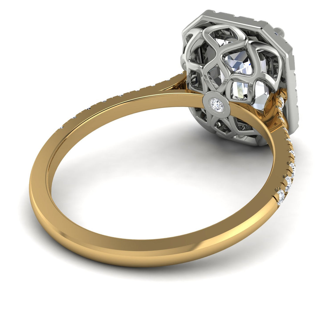 Two Tones Gorgeous Emerald Cut Diamond Pave Engagement Ring With Hidden Stone - Veronica No. 77