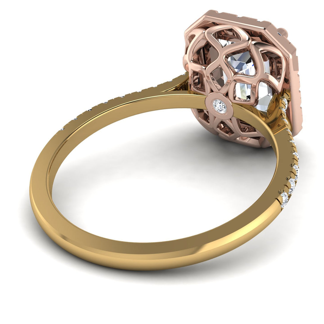 Two Tones Gorgeous Emerald Cut Diamond Pave Engagement Ring With Hidden Stone - Veronica No. 76