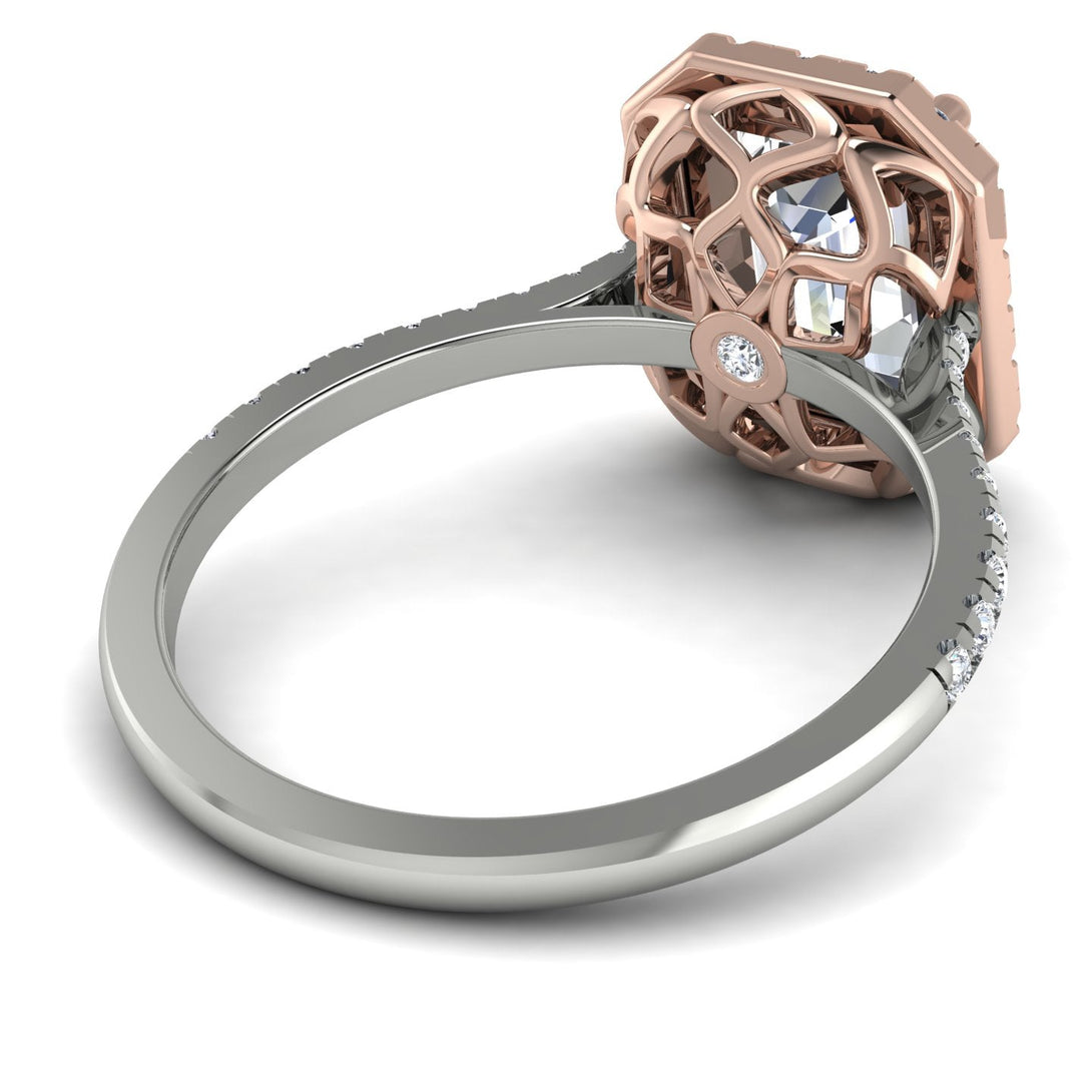 Two Tones Gorgeous Emerald Cut Diamond Pave Engagement Ring With Hidden Stone - Veronica No. 78