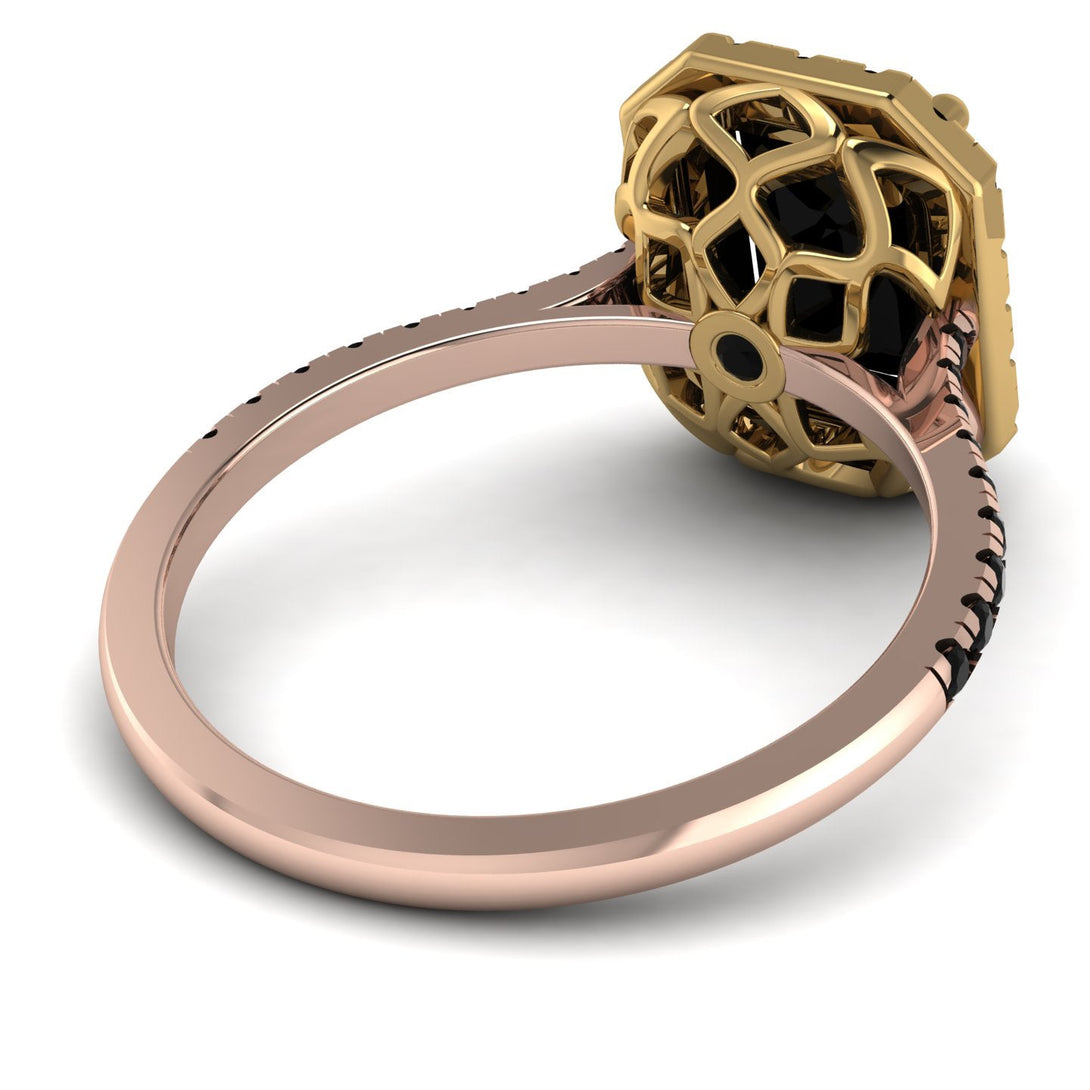 Two Tones Gorgeous Emerald Cut Black Diamond Pave Engagement Ring With Hidden Stone - Veronica No. 79