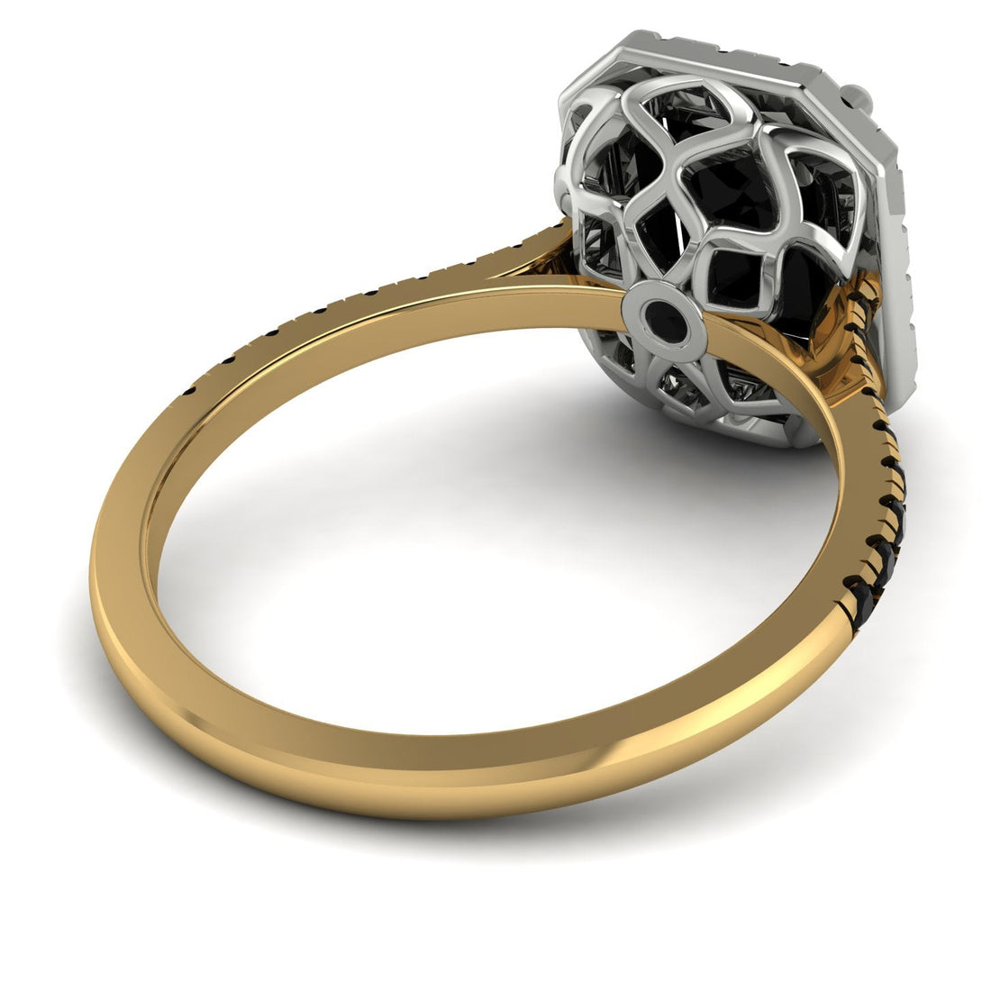 Two Tones Gorgeous Emerald Cut Black Diamond Pave Engagement Ring With Hidden Stone - Veronica No. 80