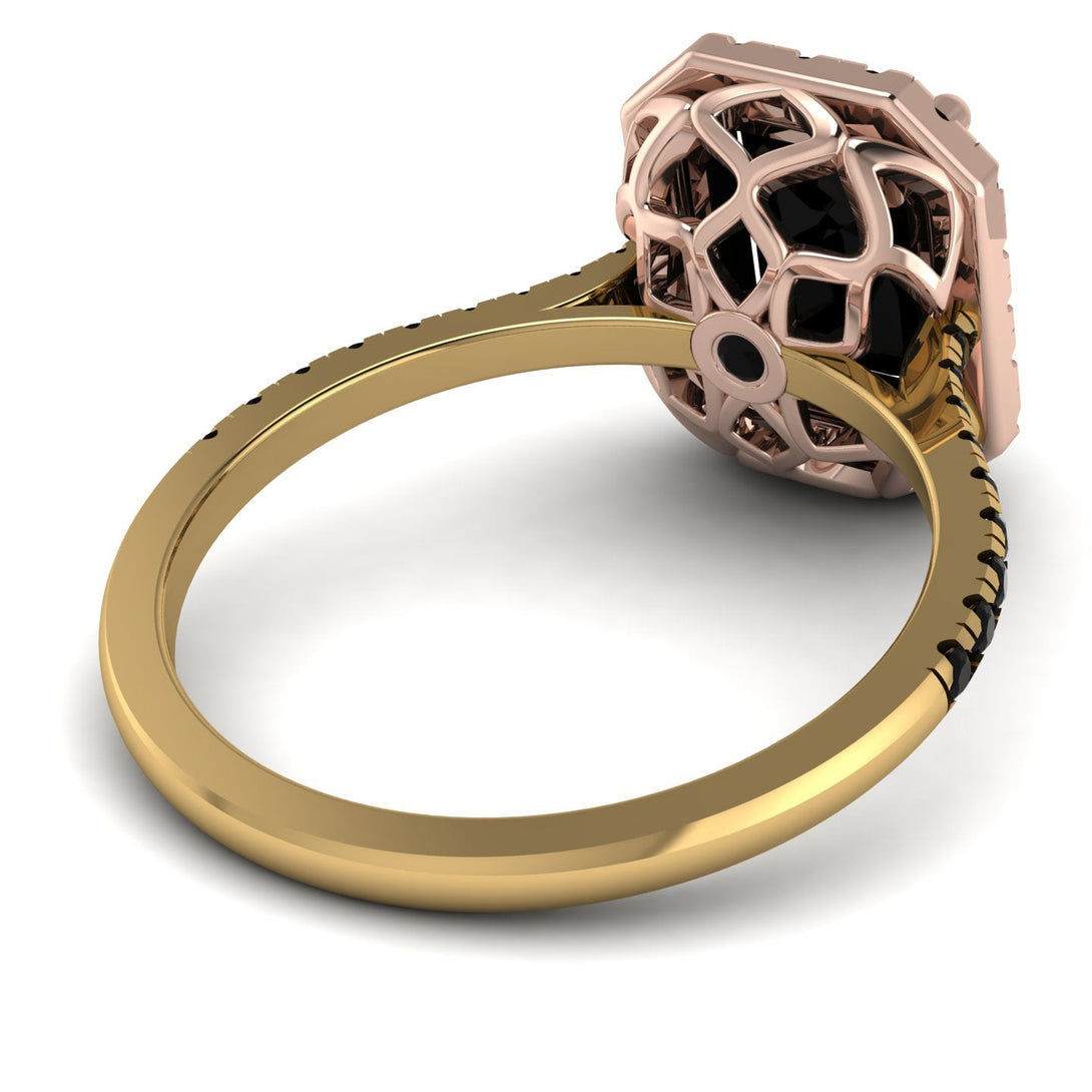 Two Tones Gorgeous Emerald Cut Black Diamond Pave Engagement Ring With Hidden Stone - Veronica No. 79