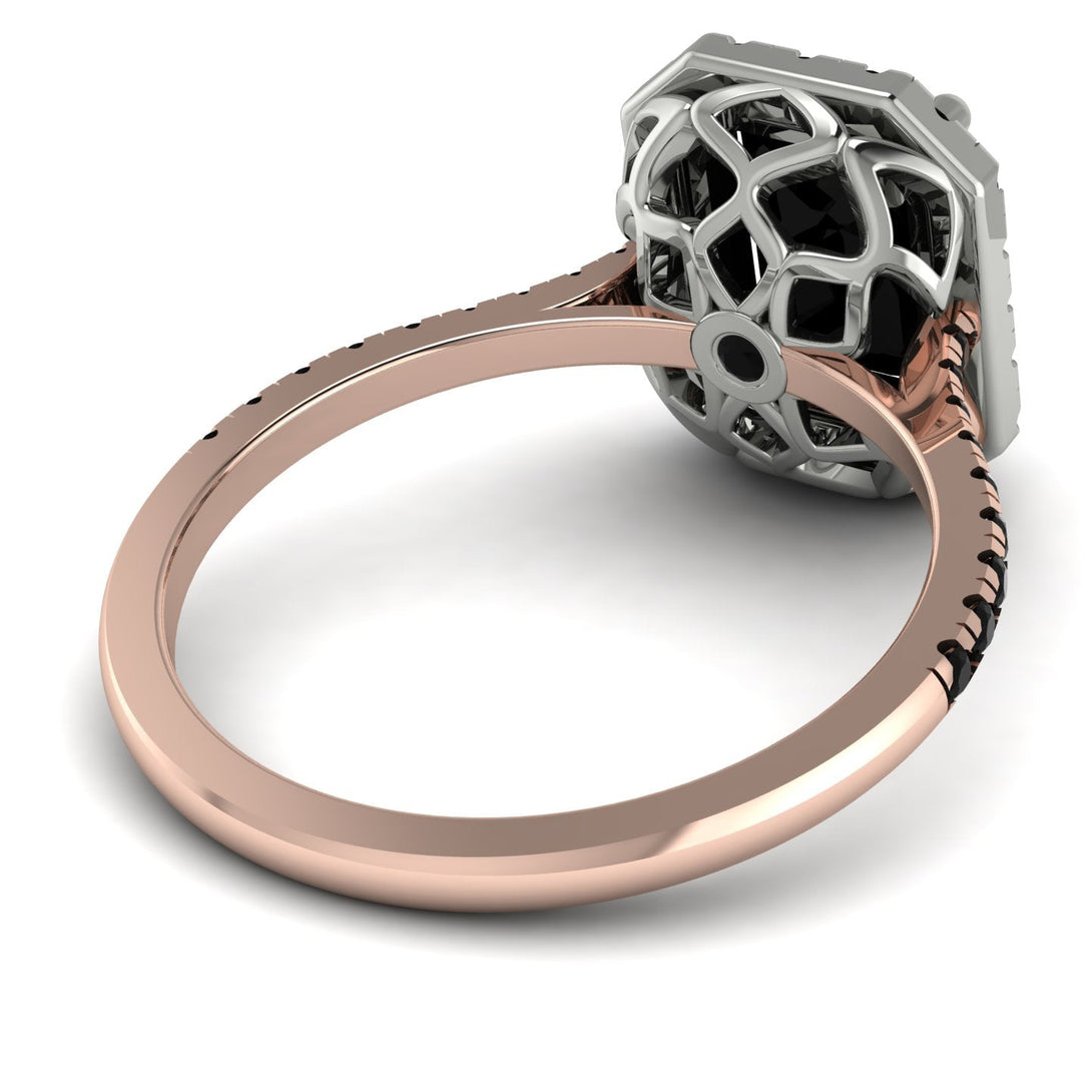 Two Tones Gorgeous Emerald Cut Black Diamond Pave Engagement Ring With Hidden Stone - Veronica No. 81