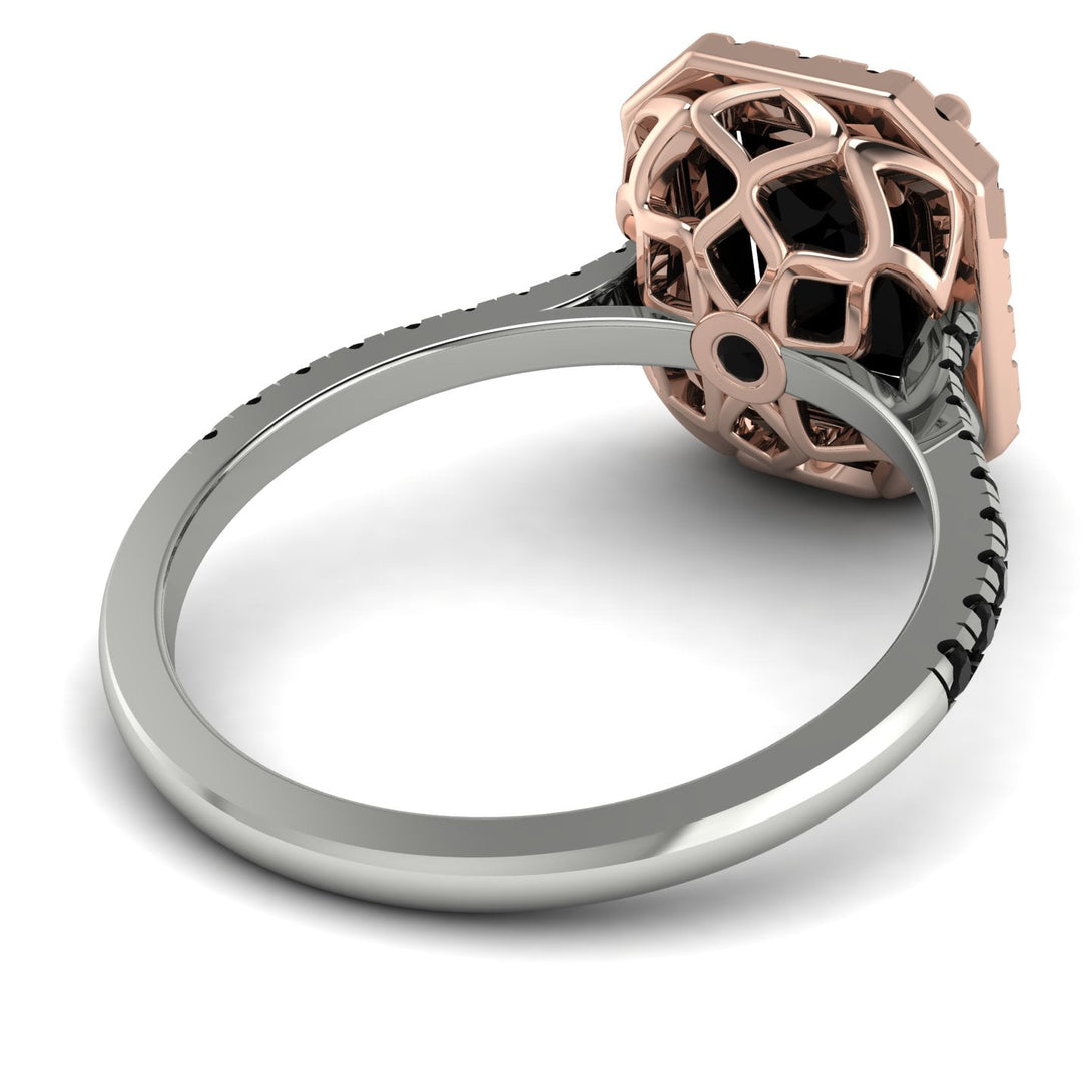 Two Tones Gorgeous Emerald Cut Black Diamond Pave Engagement Ring With Hidden Stone - Veronica No. 81