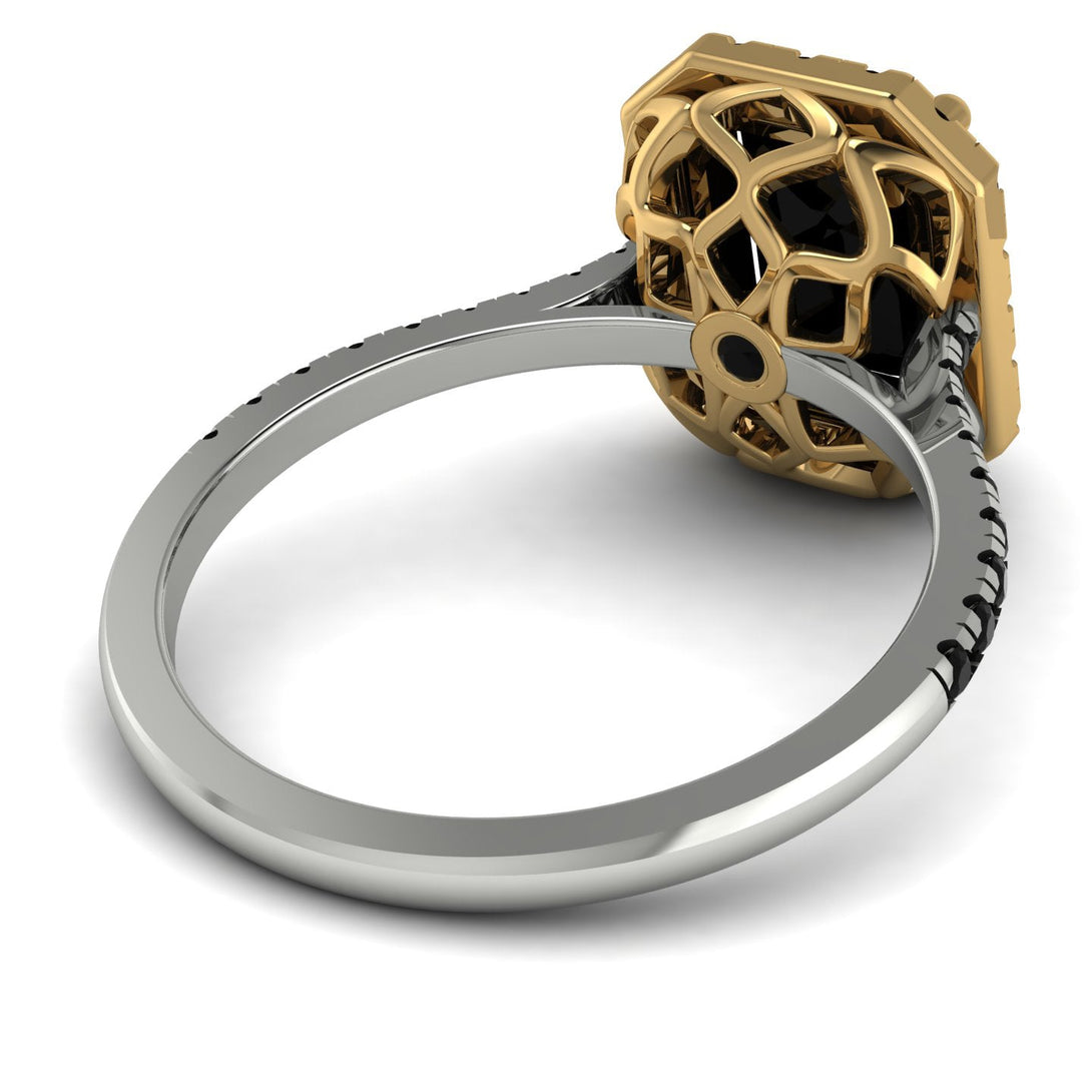 Two Tones Gorgeous Emerald Cut Black Diamond Pave Engagement Ring With Hidden Stone - Veronica No. 80