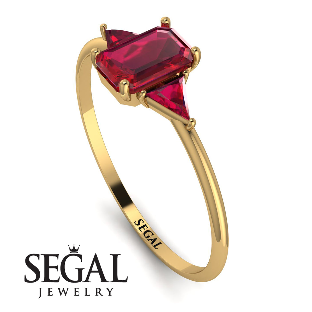Emerald Cut Ruby With Triangles Ring - Remi No. 55
