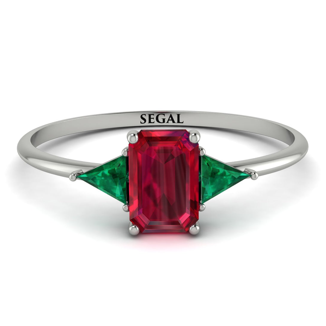 Emerald Cut Ruby With Triangles Ring - Remi No. 27