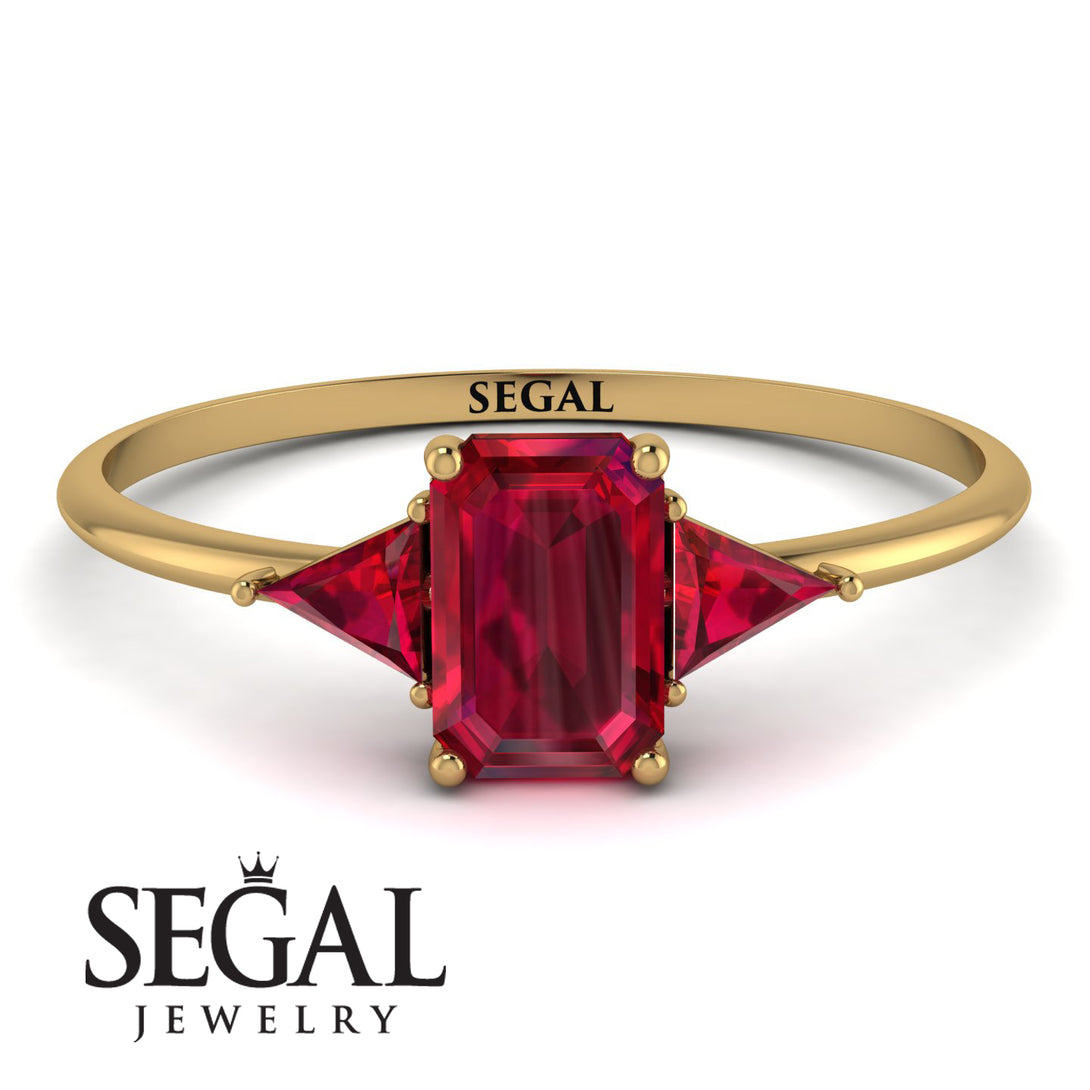 Emerald Cut Ruby With Triangles Ring - Remi No. 55