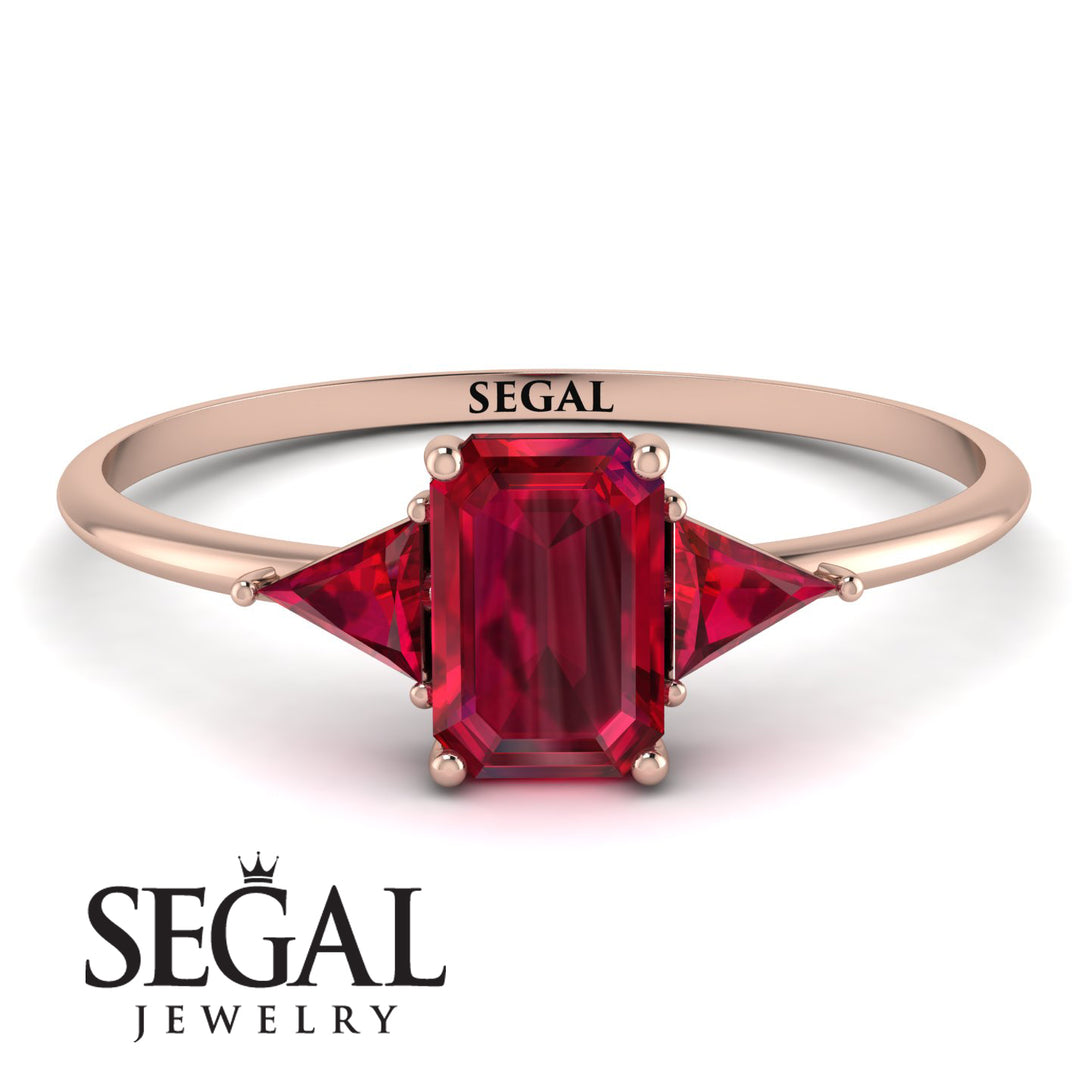 Emerald Cut Ruby With Triangles Ring - Remi No. 56