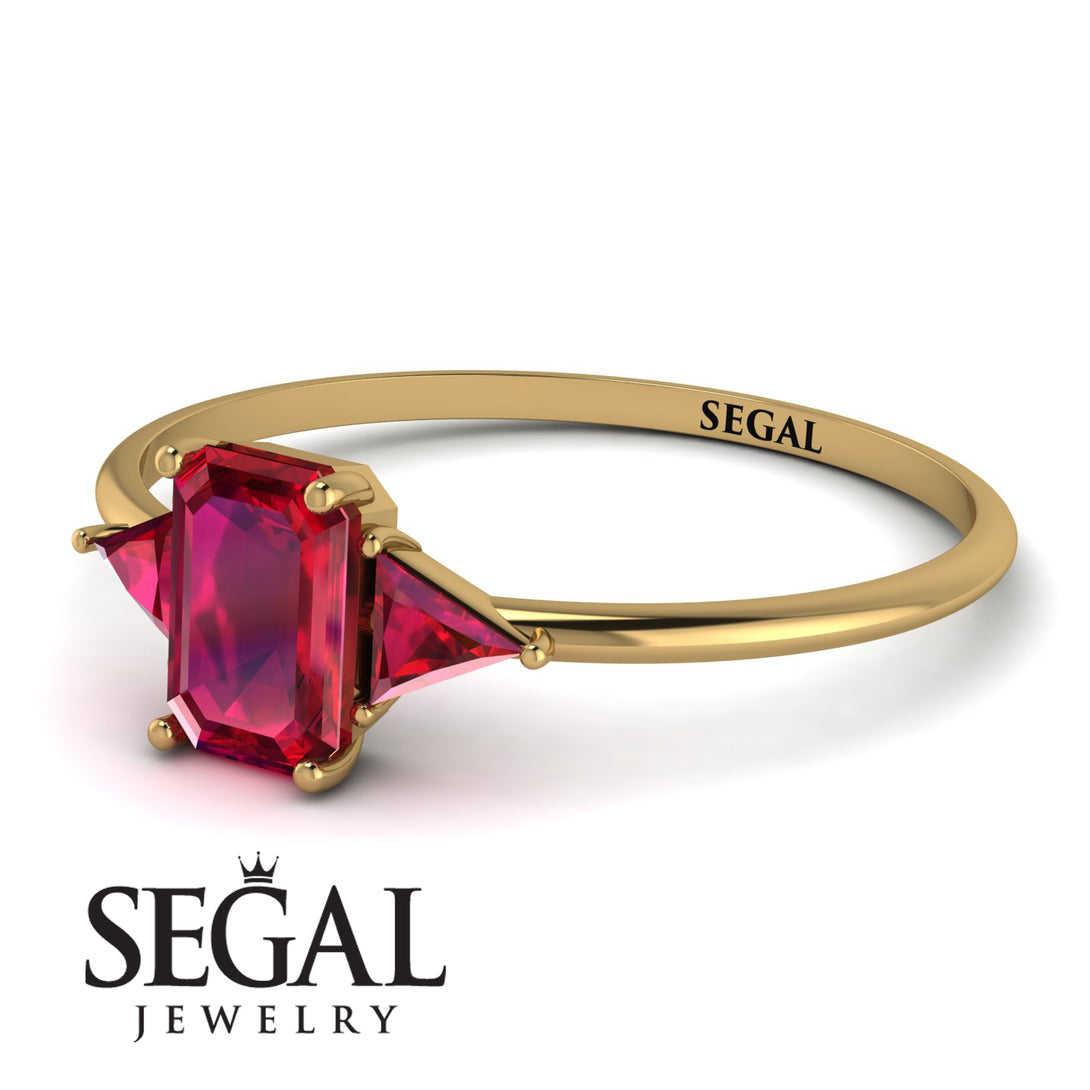 Emerald Cut Ruby With Triangles Ring - Remi No. 55