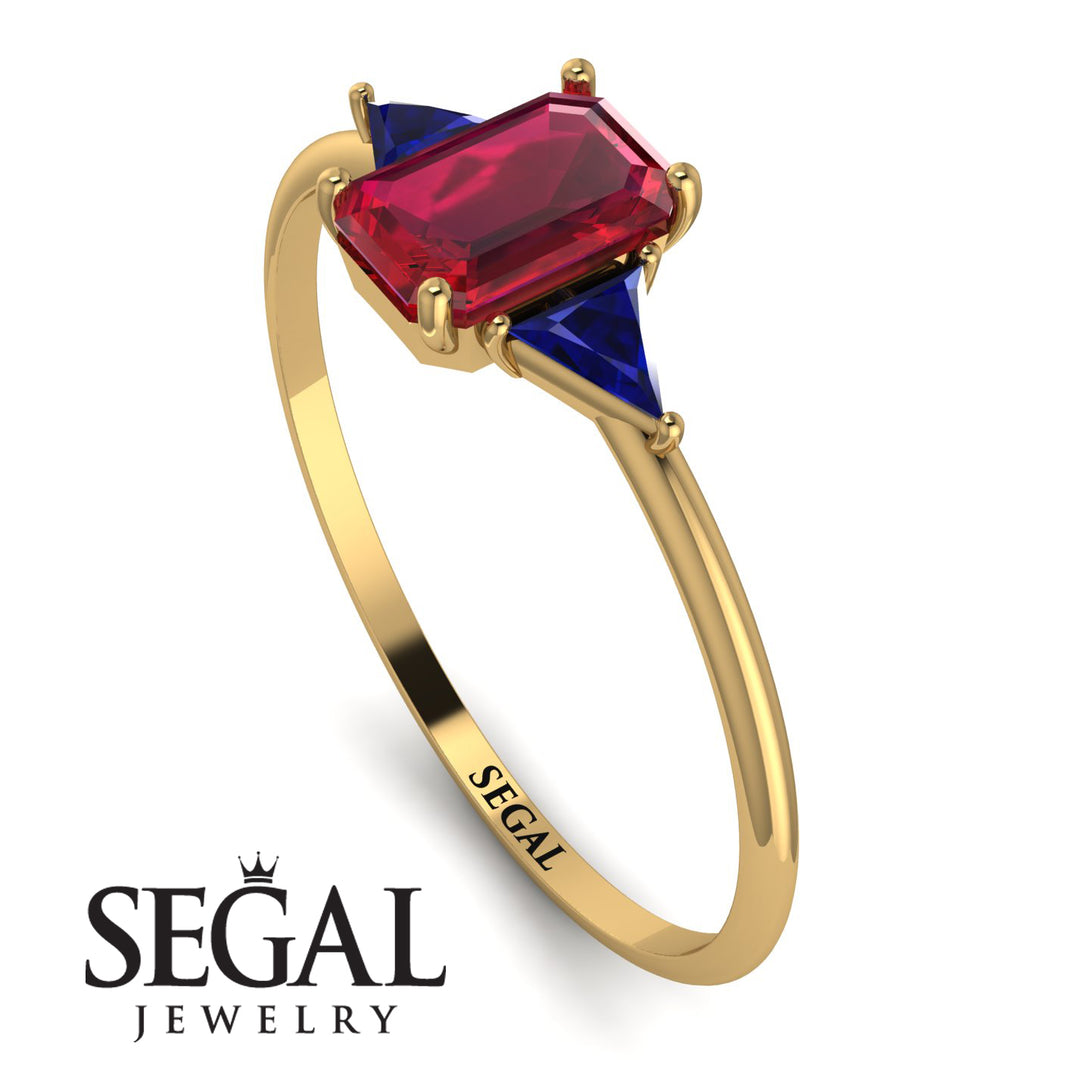 Emerald Cut Ruby With Triangles Ring - Remi No. 70