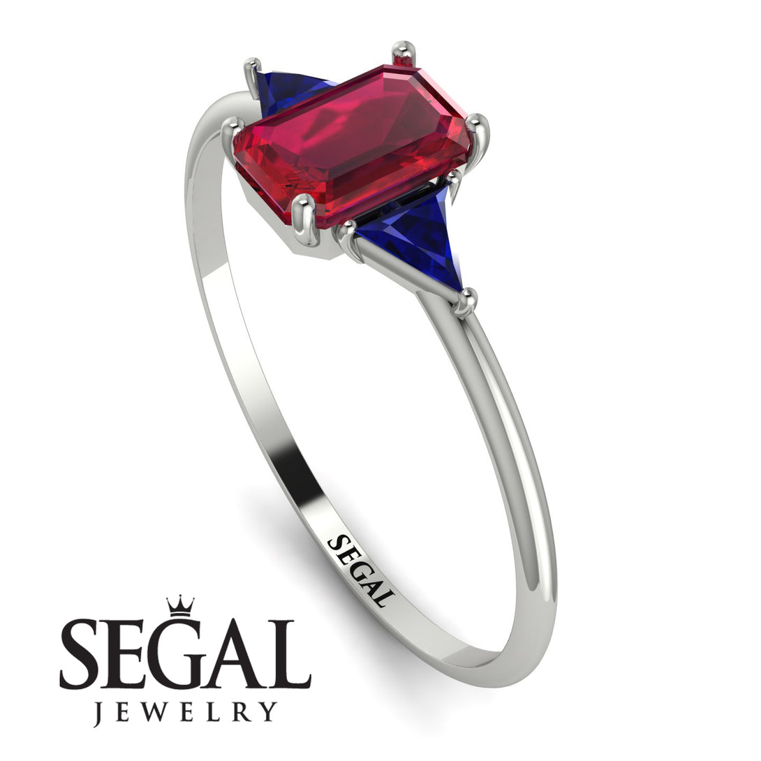 Emerald Cut Ruby With Triangles Ring - Remi No. 72