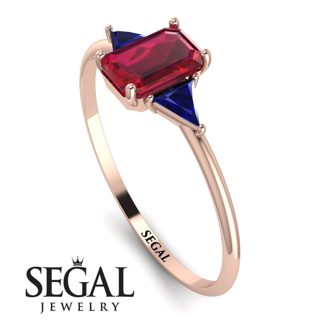 Emerald Cut Ruby With Triangles Ring - Remi No. 71