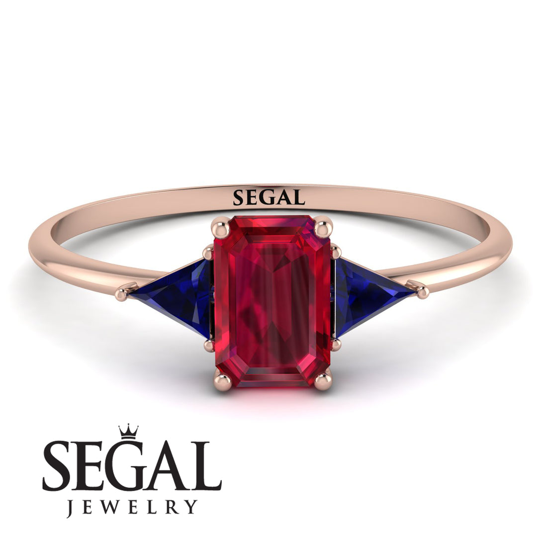 Emerald Cut Ruby With Triangles Ring - Remi No. 71