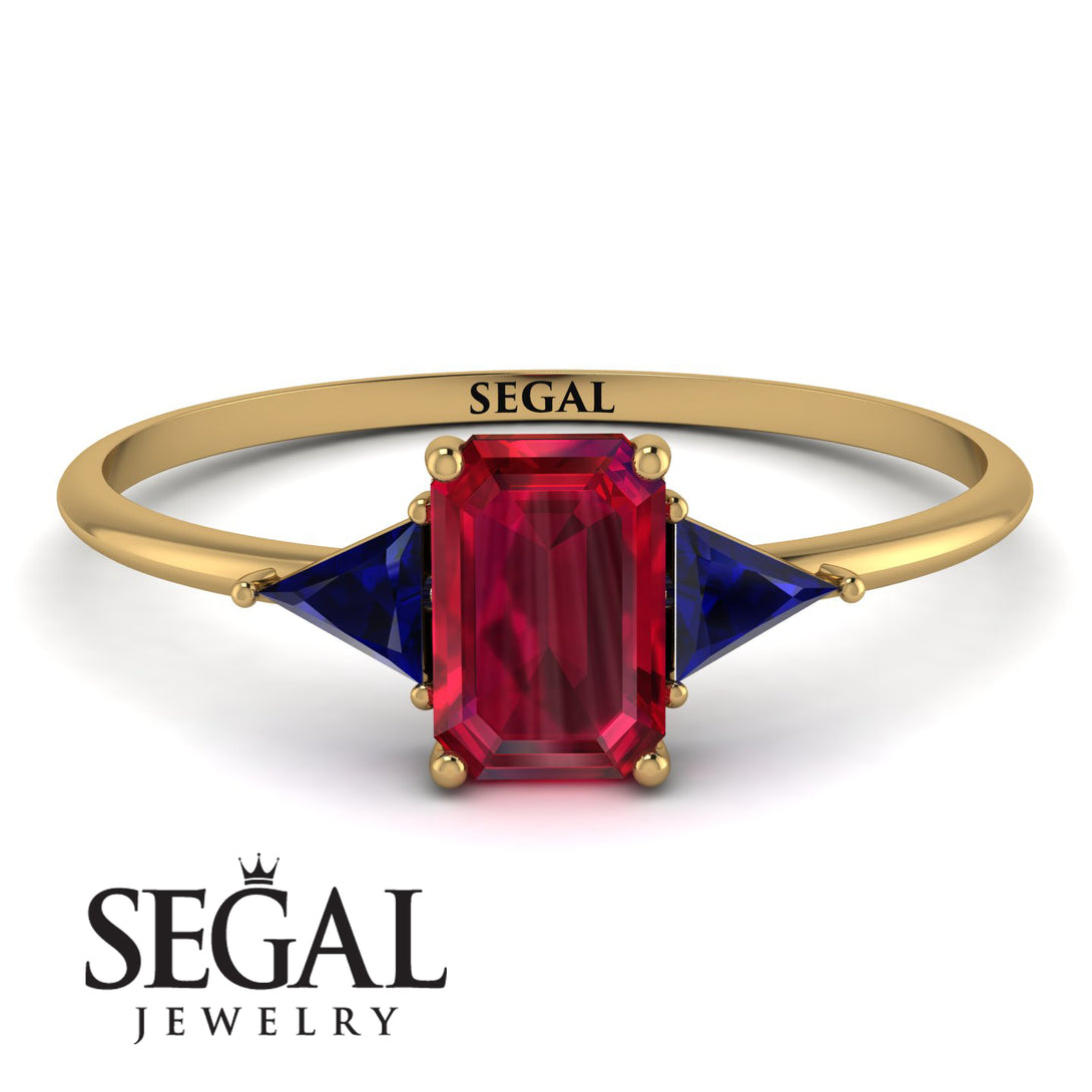 Emerald Cut Ruby With Triangles Ring - Remi No. 70