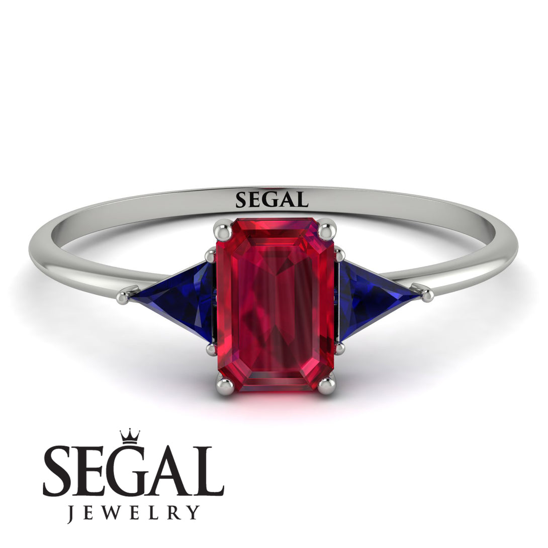 Emerald Cut Ruby With Triangles Ring - Remi No. 72