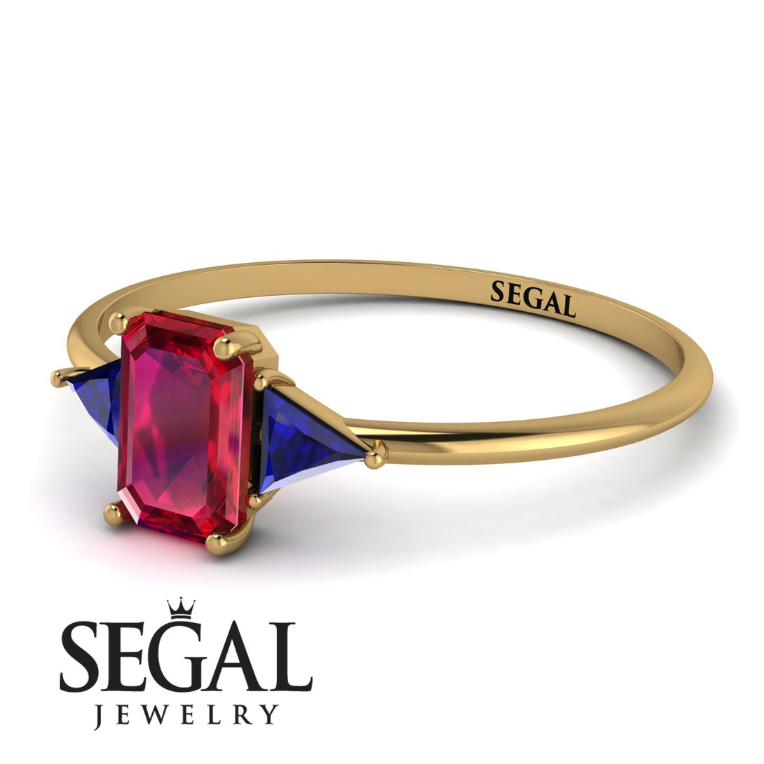 Emerald Cut Ruby With Triangles Ring - Remi No. 70