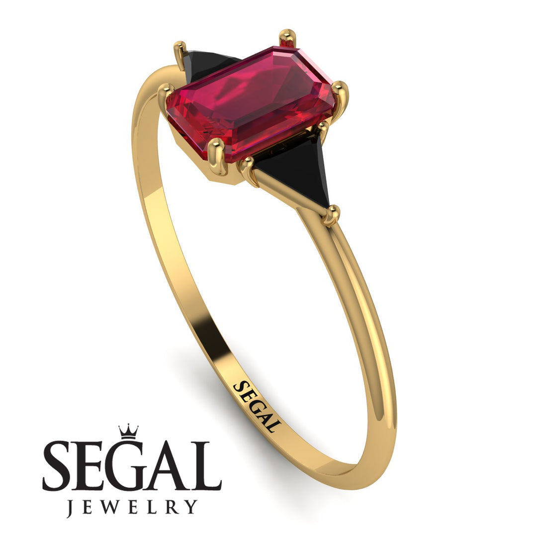 Emerald Cut Ruby With Triangles Ring - Remi No. 40