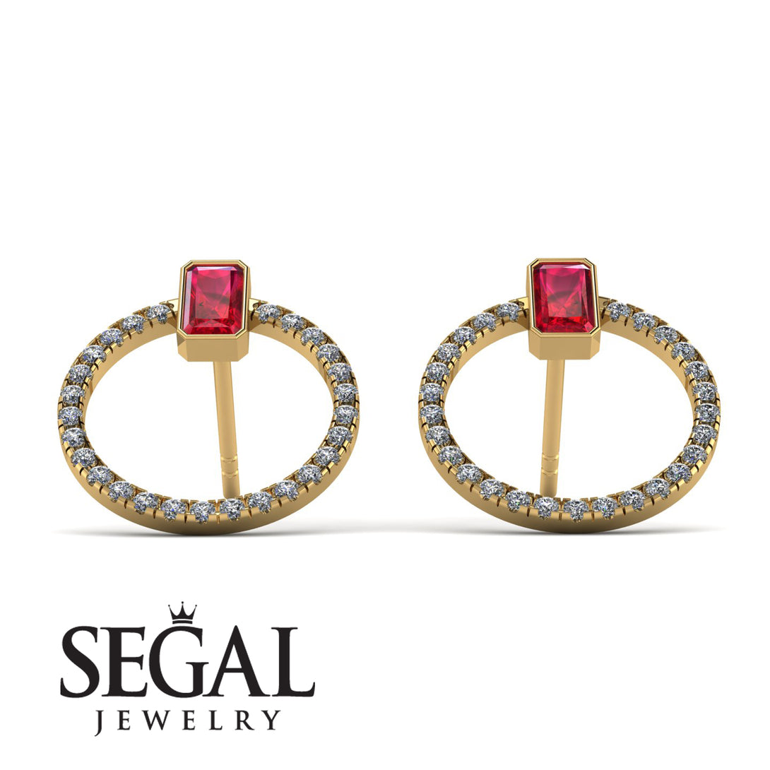 Emerald Cut Circle Ruby Earrings - Oaklyn No. 10