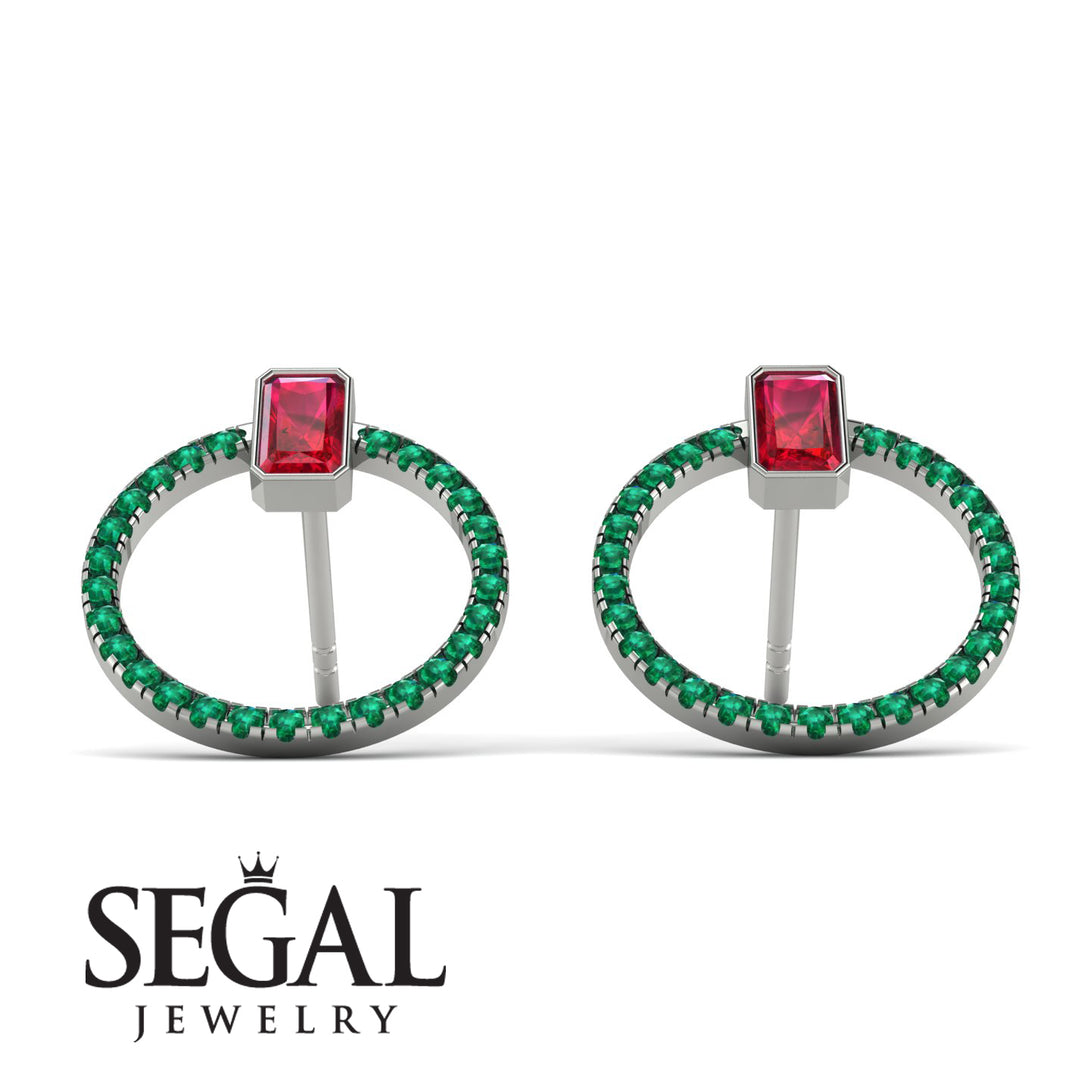 Emerald Cut Circle Ruby Earrings - Oaklyn No. 27