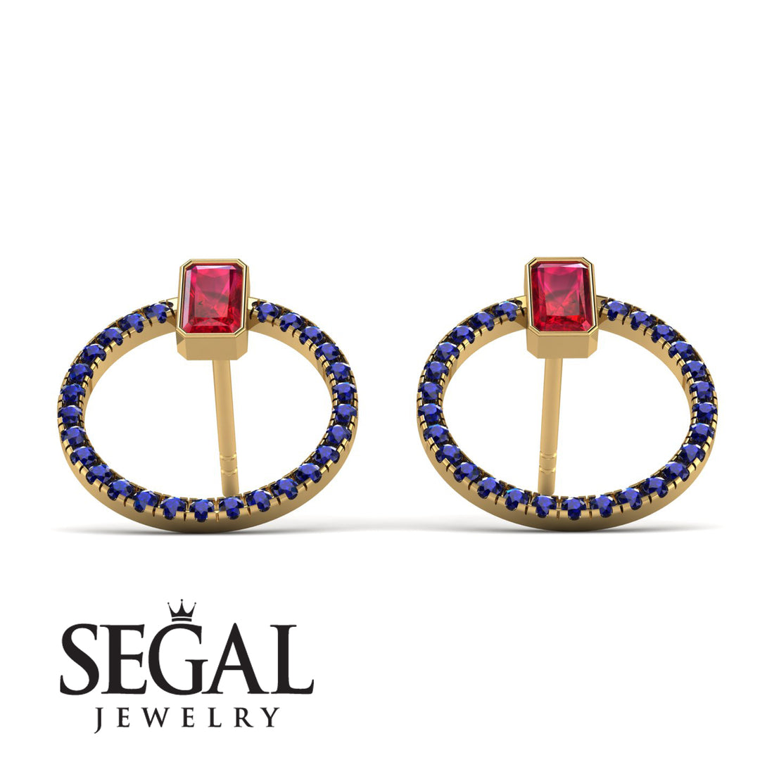 Emerald Cut Circle Ruby Earrings - Oaklyn No. 70