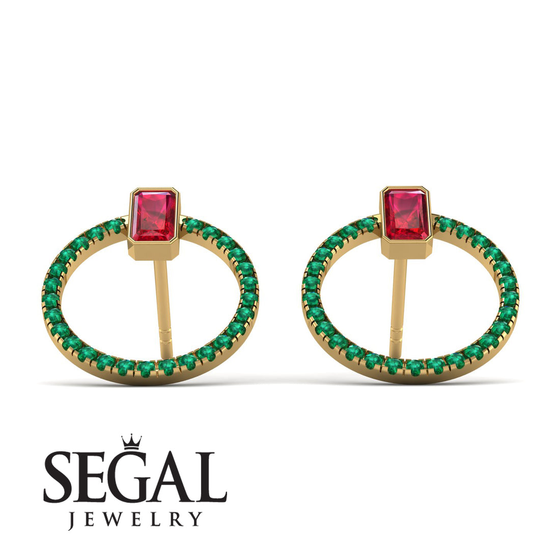 Emerald Cut Circle Ruby Earrings - Oaklyn No. 25