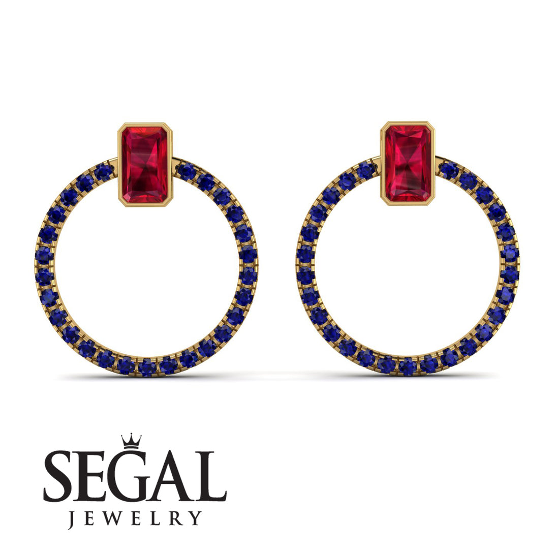 Emerald Cut Circle Ruby Earrings - Oaklyn No. 70