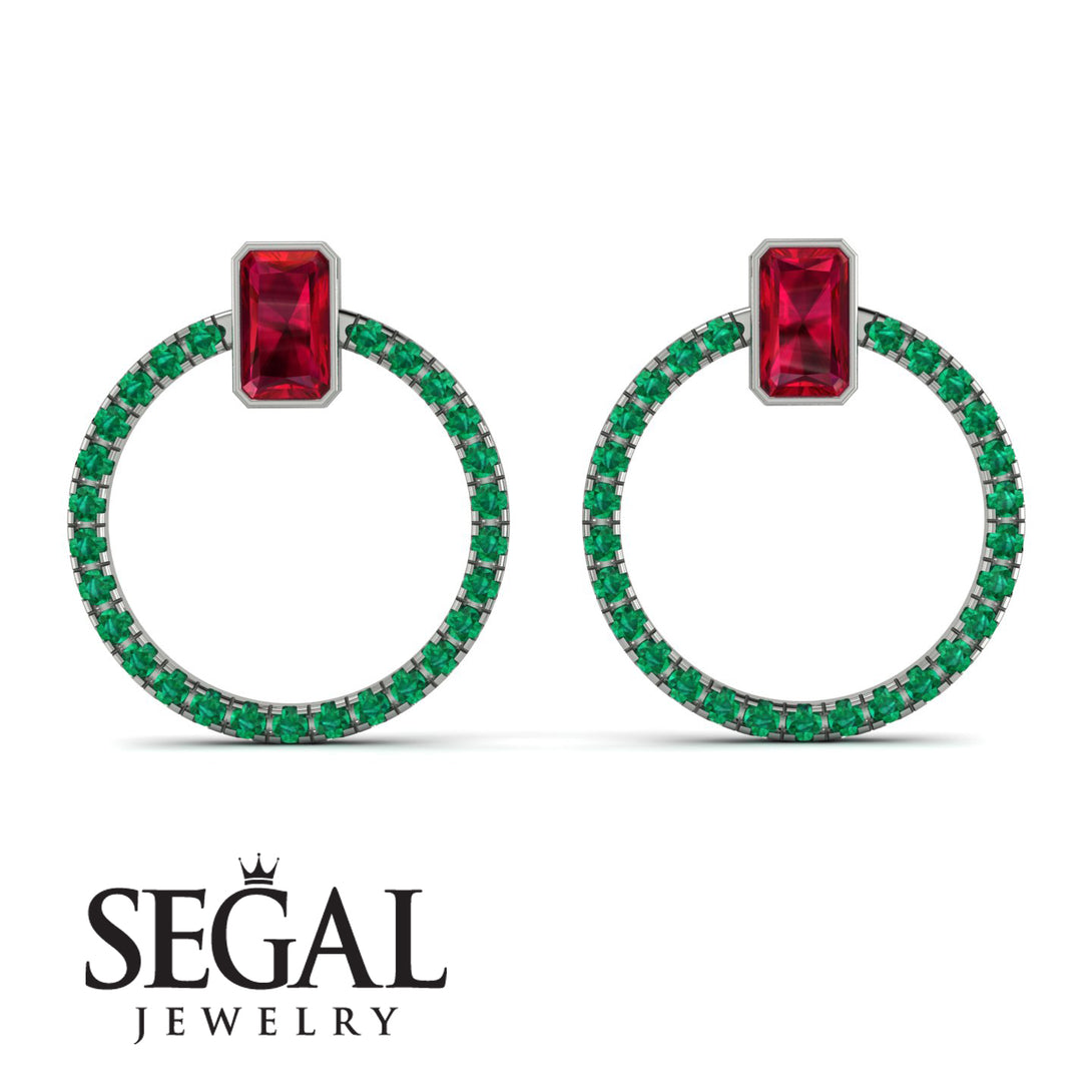 Emerald Cut Circle Ruby Earrings - Oaklyn No. 27