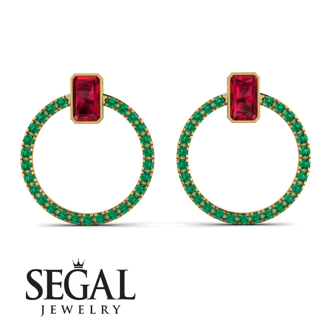 Emerald Cut Circle Ruby Earrings - Oaklyn No. 25