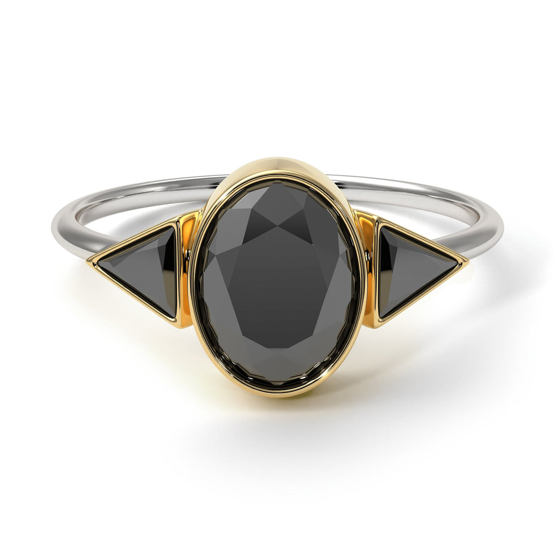Two Tones Geometrical Bezel Black Diamond Ring - Trinity No. 80