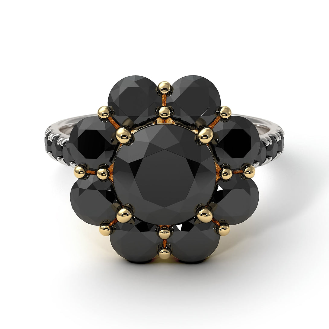 Two Tones Glamorous Black Diamond Halo Engagement Ring - Amaya No. 80