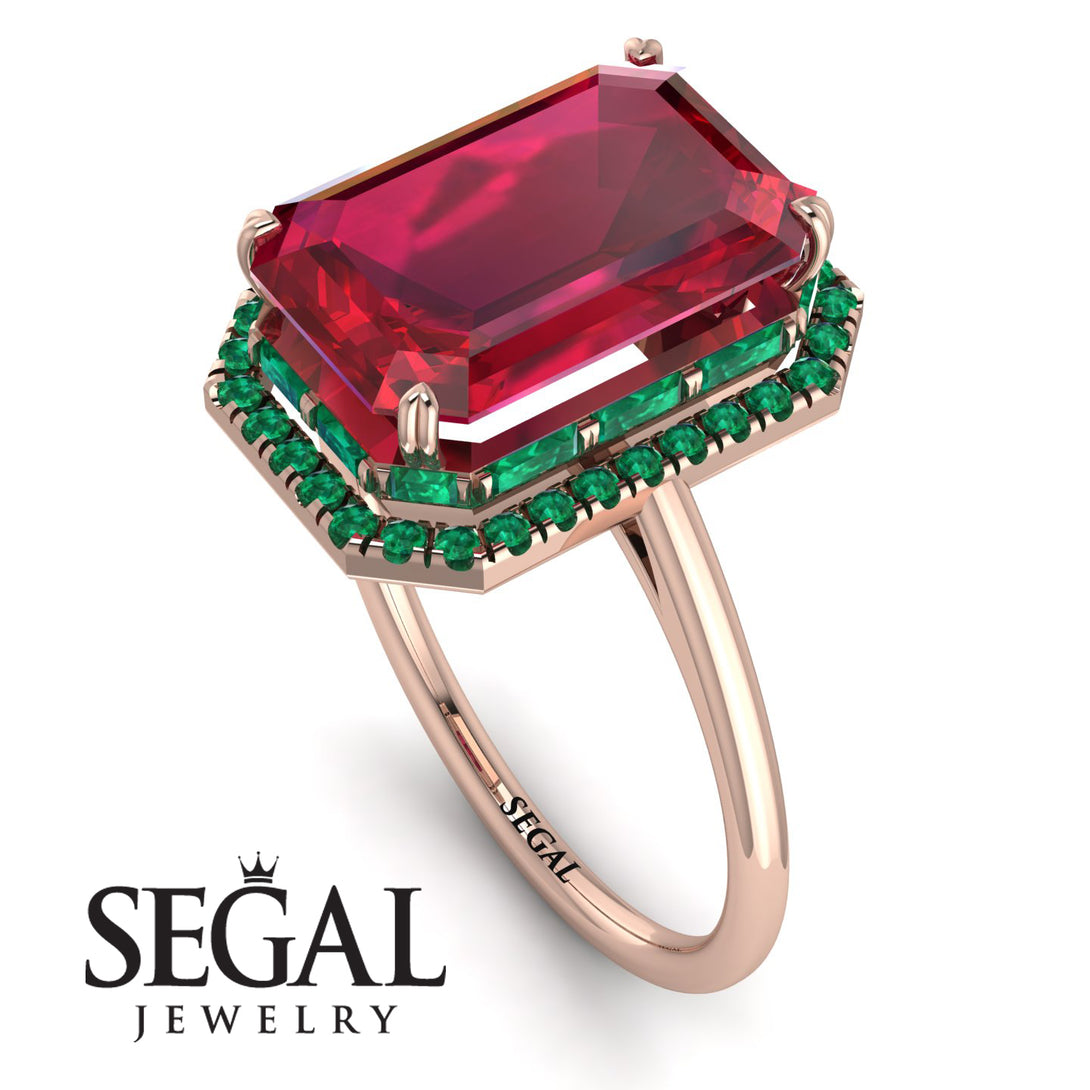 Halo Emerald Cut Ruby Ring With Hidden Emeralds - Rowan No. 26