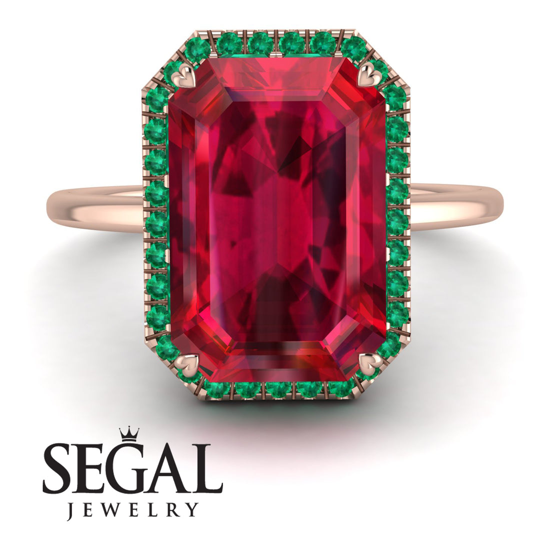 Halo Emerald Cut Ruby Ring With Hidden Emeralds - Rowan No. 26