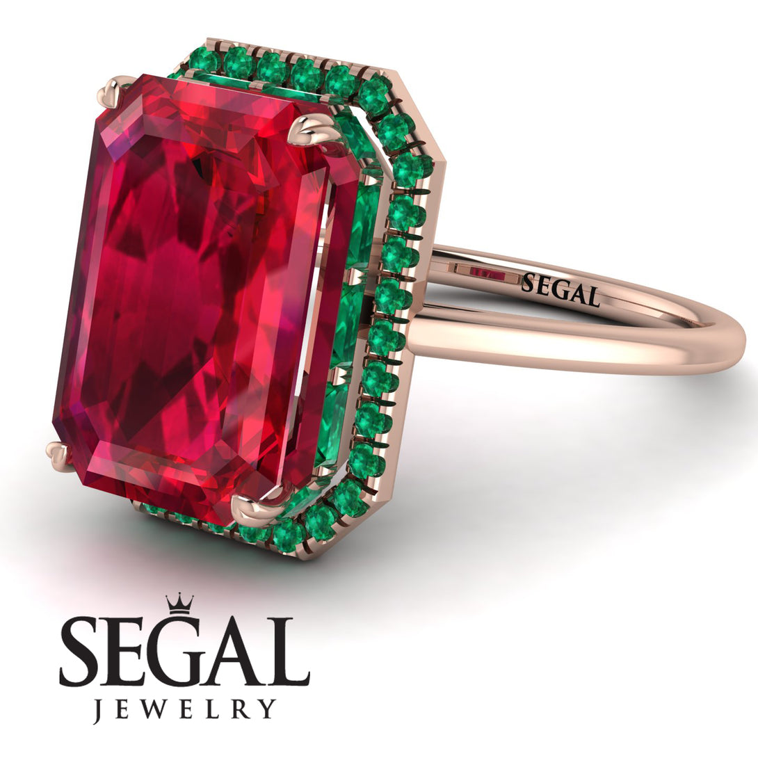 Halo Emerald Cut Ruby Ring With Hidden Emeralds - Rowan No. 26