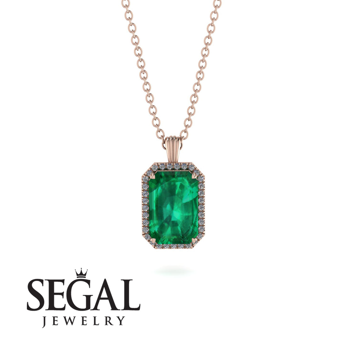 Halo Emerald Cut Emerald Necklace - Izabella No. 5