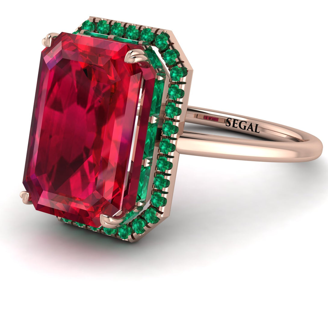 Halo Emerald Cut Ruby Ring With Hidden Emeralds - Rowan No. 26