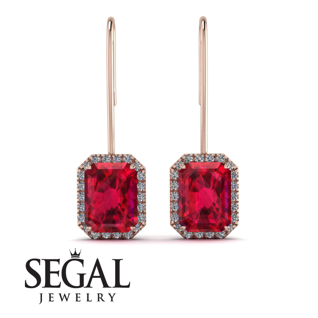 Halo Emerald Cut Ruby Earrings - Izabella No. 11