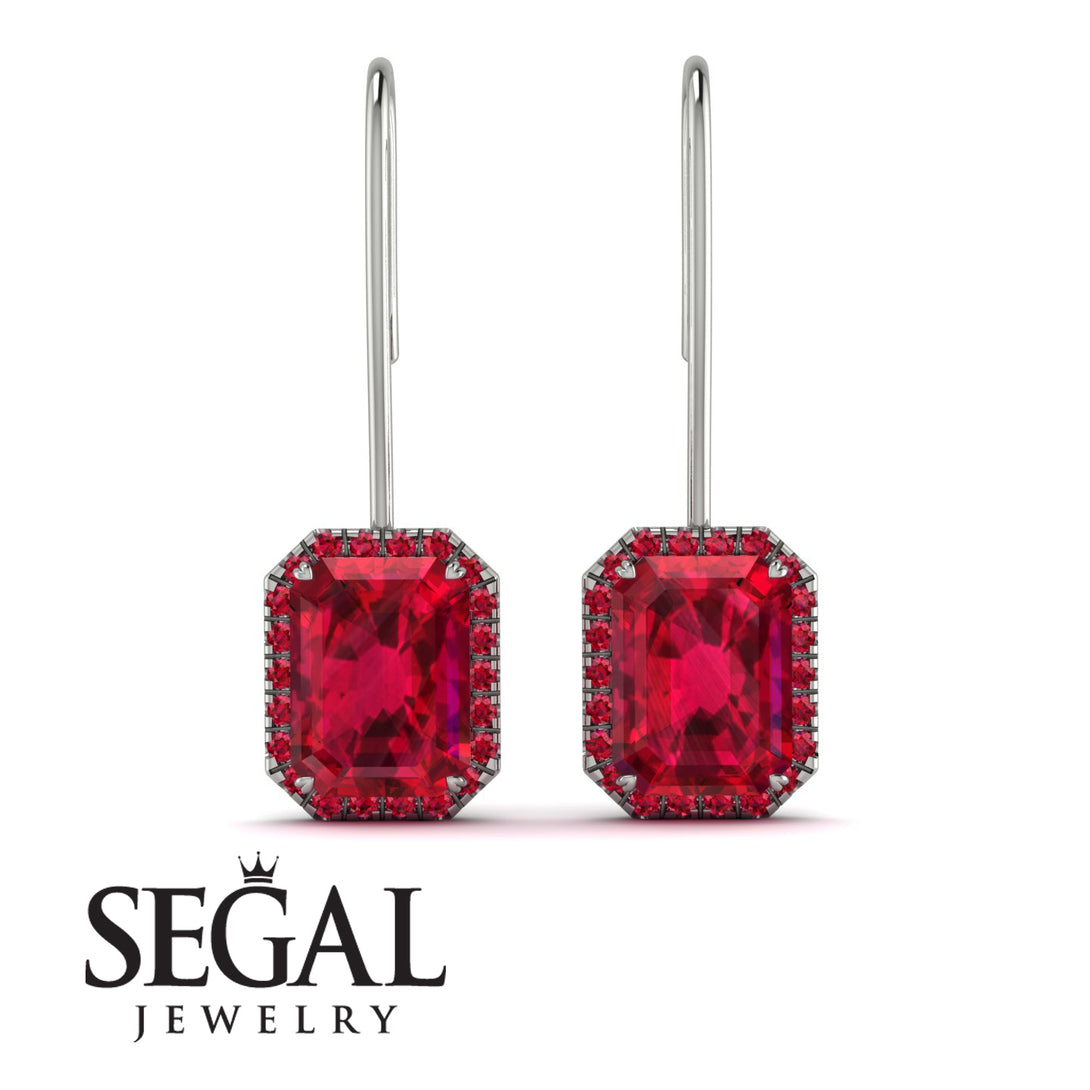 Halo Emerald Cut Ruby Earrings - Izabella No. 57