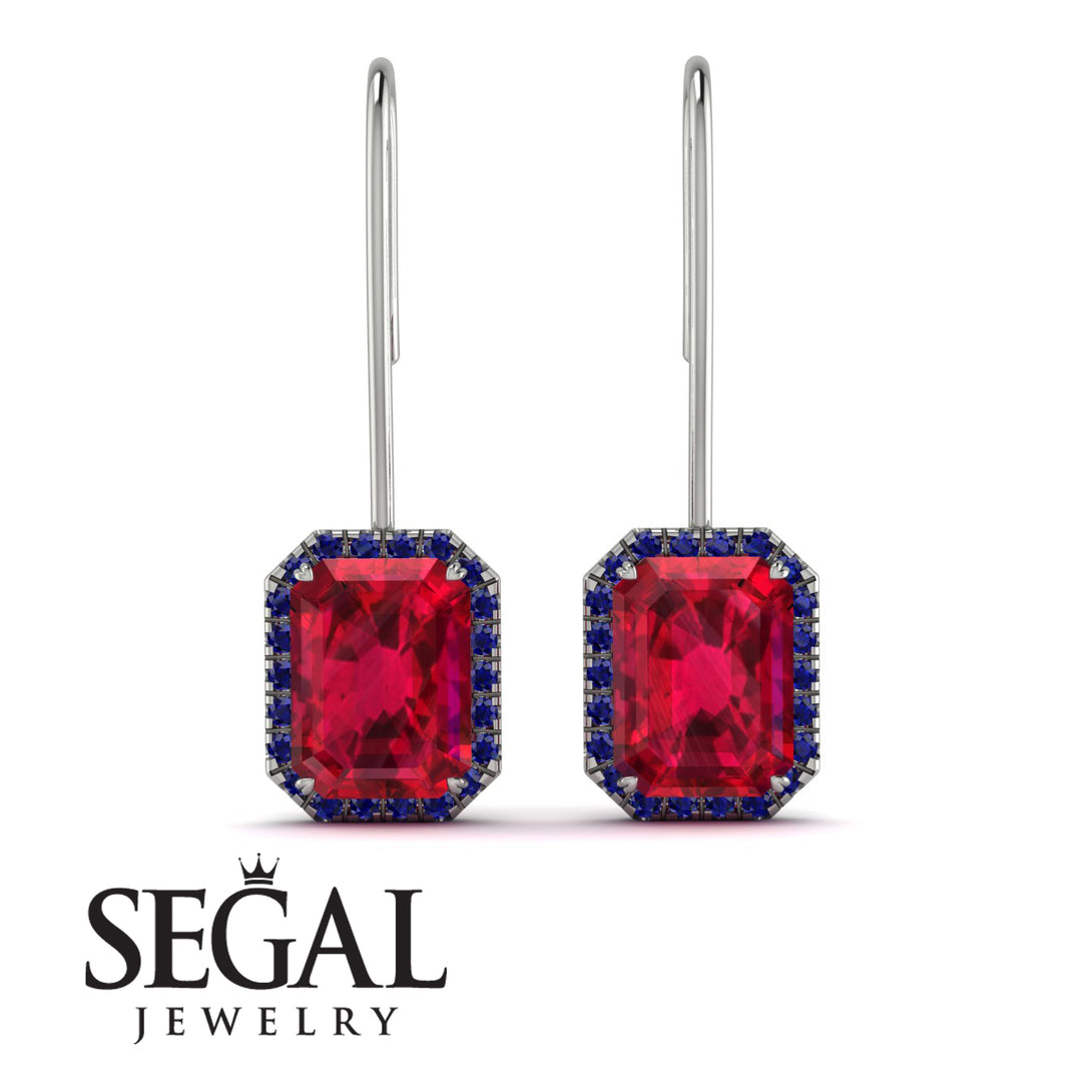 Halo Emerald Cut Ruby Earrings - Izabella No. 72