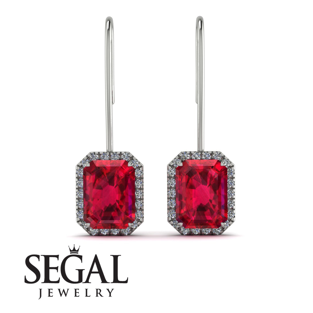 Halo Emerald Cut Ruby Earrings - Izabella No. 12
