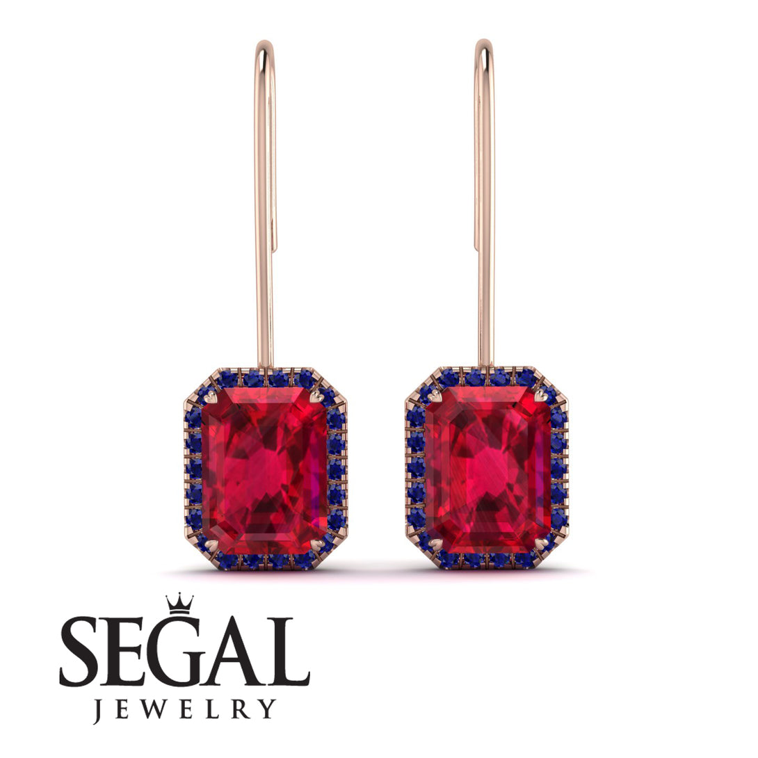 Halo Emerald Cut Ruby Earrings - Izabella No. 71