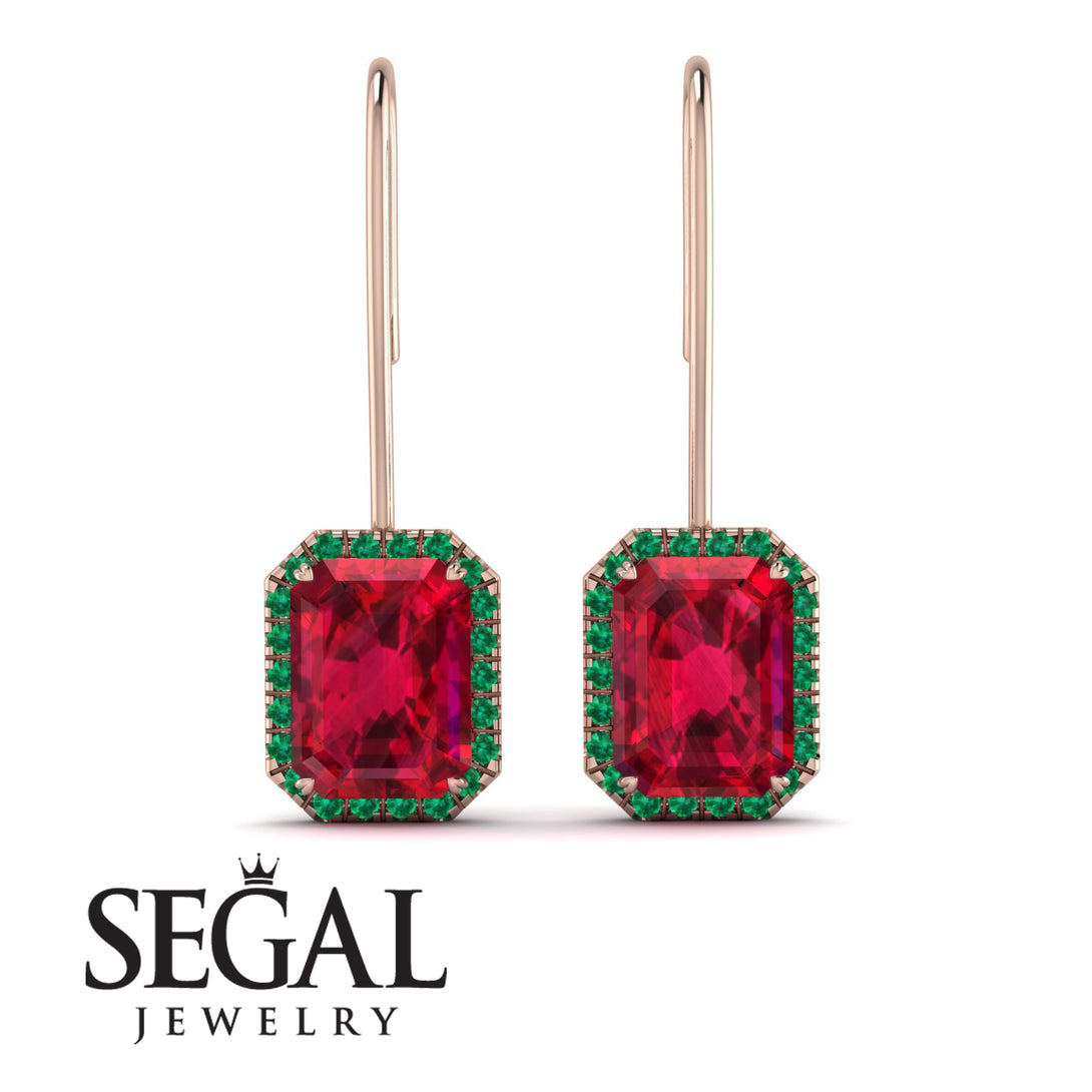 Halo Emerald Cut Ruby Earrings - Izabella No. 26