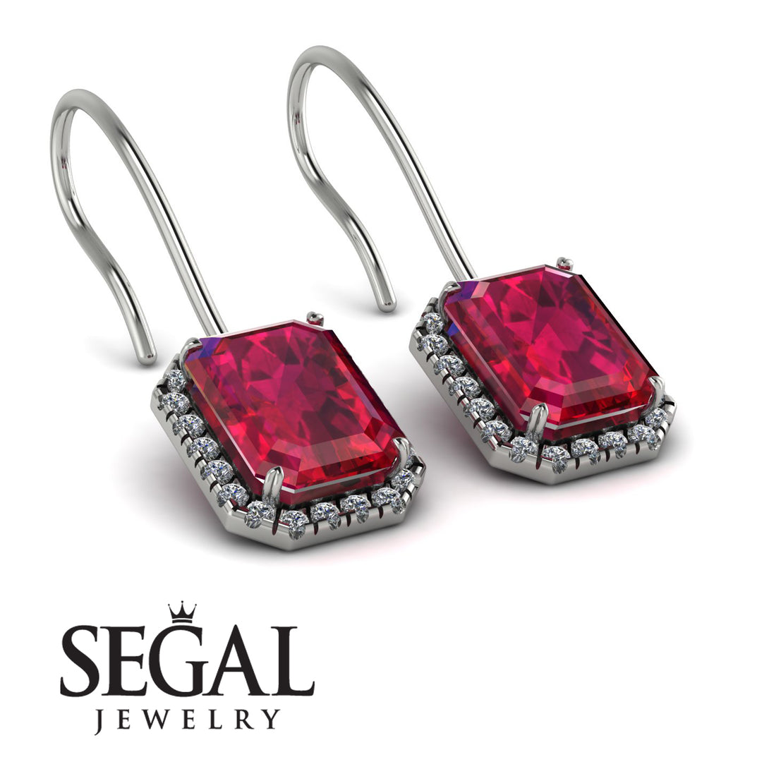 Halo Emerald Cut Ruby Earrings - Izabella No. 12