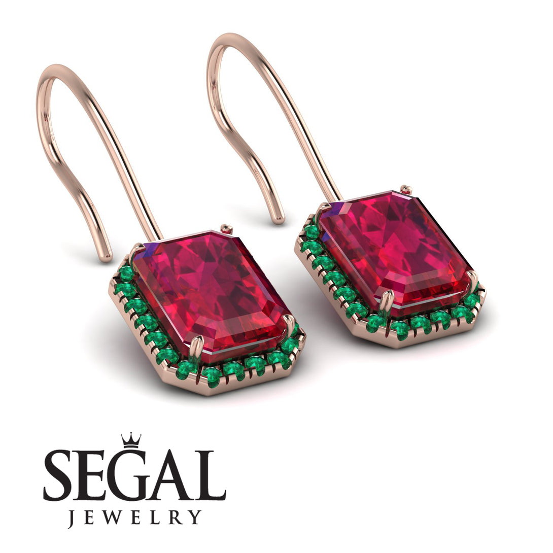 Halo Emerald Cut Ruby Earrings - Izabella No. 26