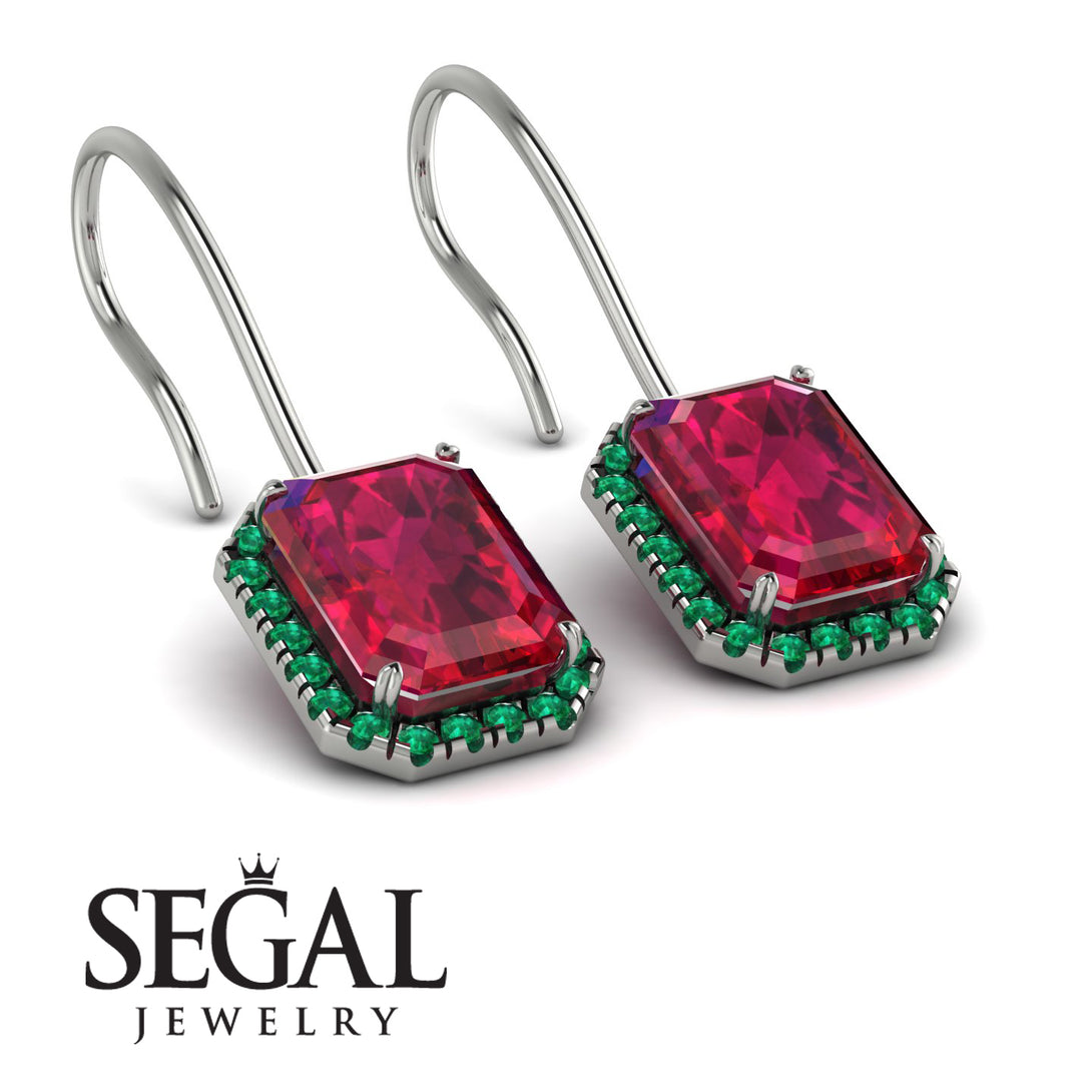 Halo Emerald Cut Ruby Earrings - Izabella No. 27