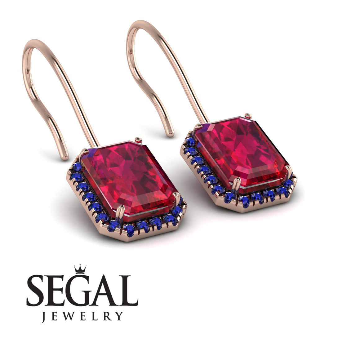 Halo Emerald Cut Ruby Earrings - Izabella No. 71