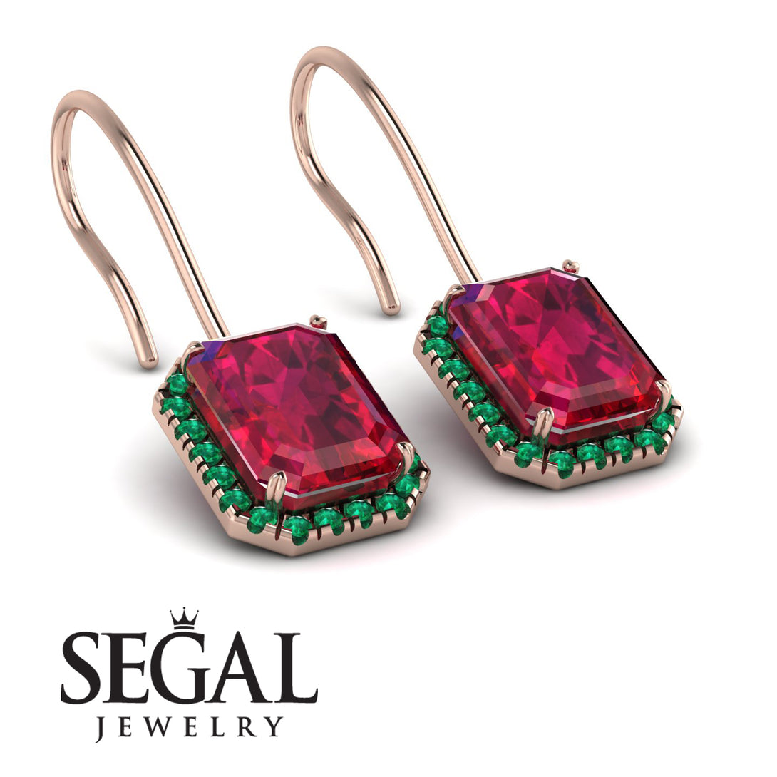 Halo Emerald Cut Ruby Earrings - Izabella No. 26