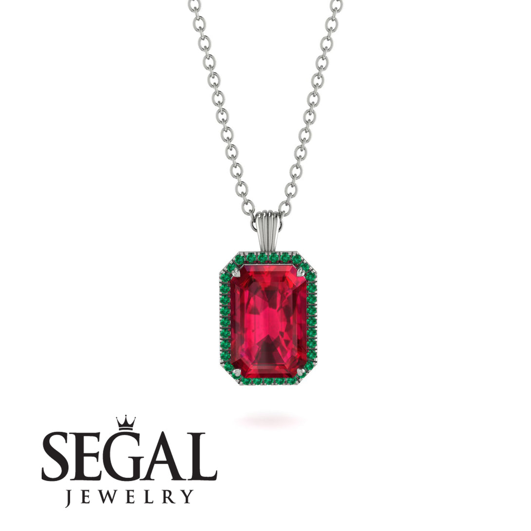 Halo Emerald Cut Ruby Necklace - Izabella No. 27