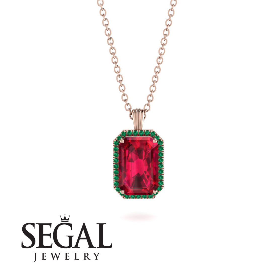 Halo Emerald Cut Ruby Necklace - Izabella No. 26